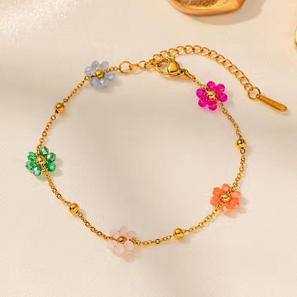 18K Gold Bohemian Beaded Flower Chain Bracelet Colorful Minimalist No Fade - Picture 2 of 9